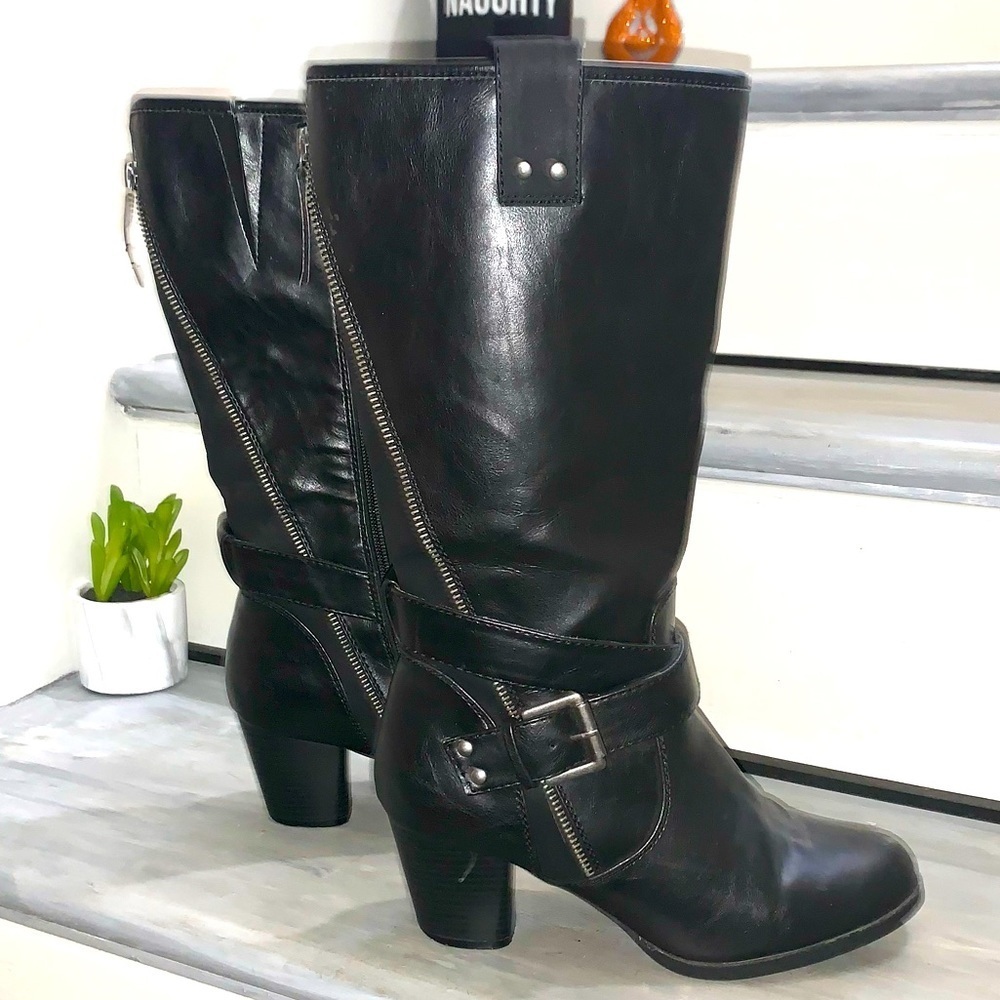 Rialto Caparella Black Heeled Boots Women's Size 8 1/2 M Buckles Zipper